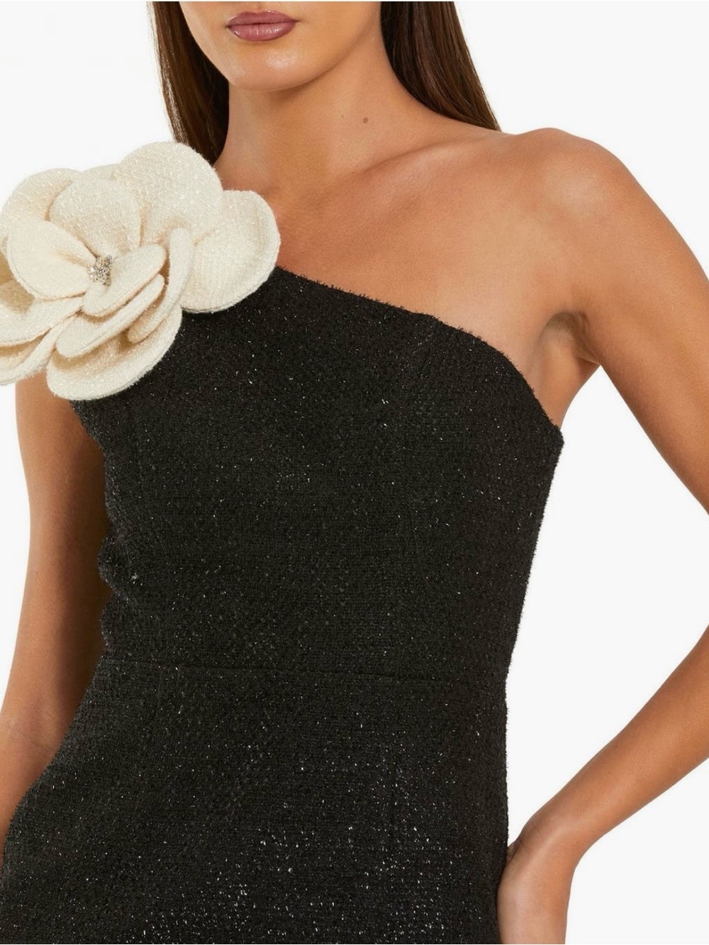 Mac Duggal Black One-Shoulder Dress with Ivory Floral Detail